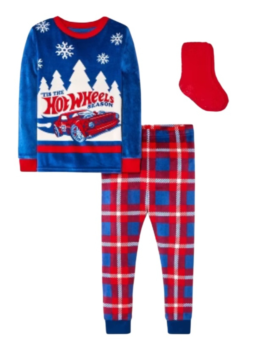 Hot Wheels Blue & Red Kids Holiday Pajama Set Plus Socks NWT